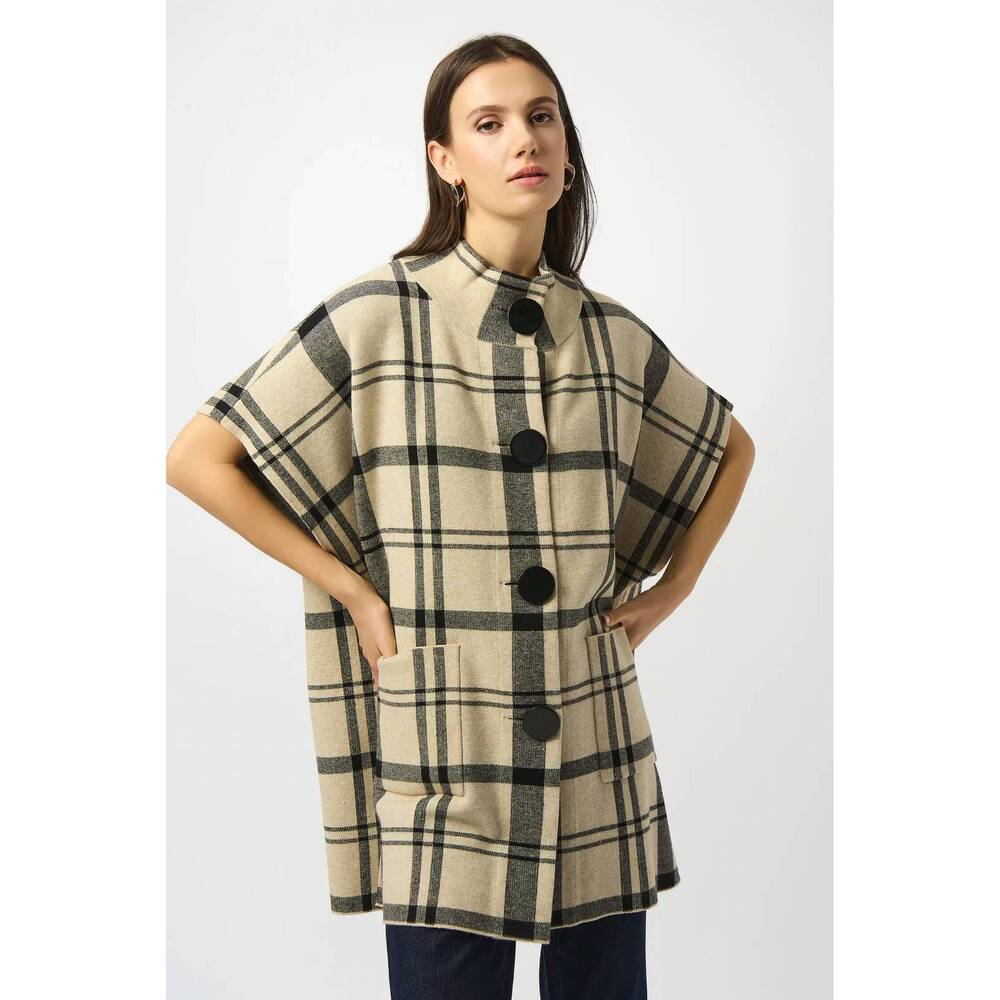 NEW JOSEPH RIBKOFF button front mock neck poncho in champagne/black plaid